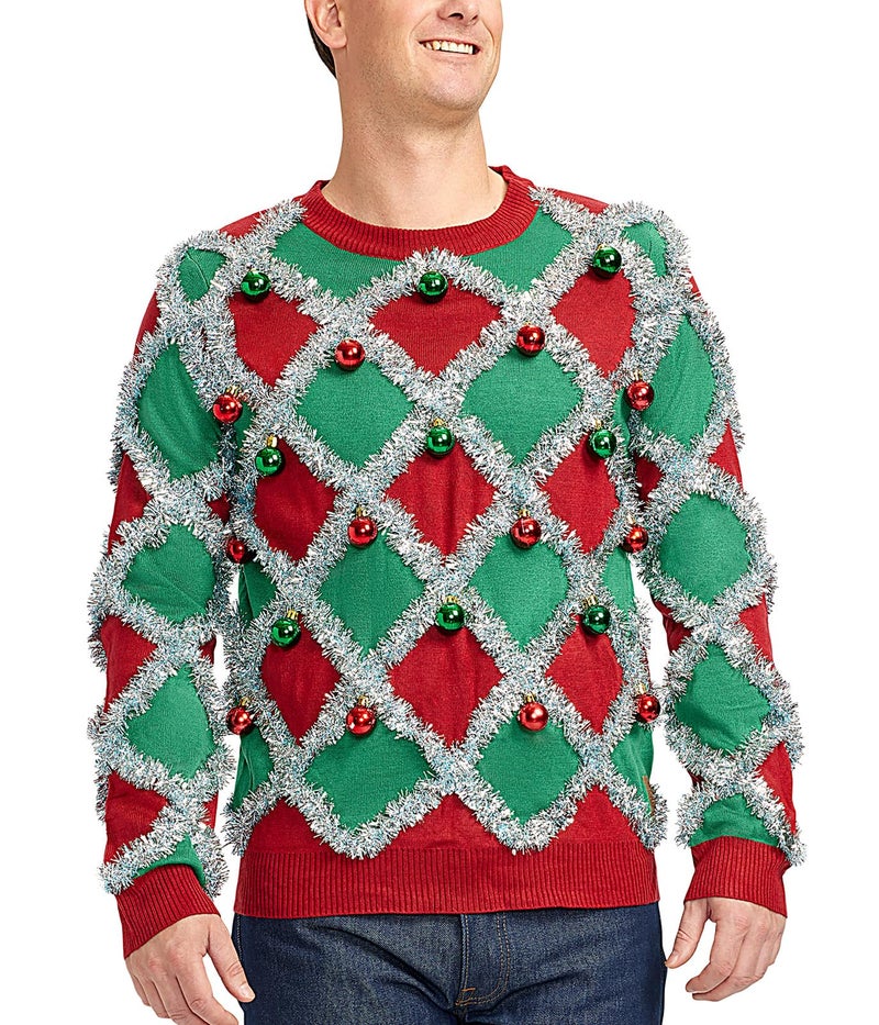 Tipsy Elves Men's Ugly Christmas Sweaters - Funny and Tacky Embellished Christmas Sweaters for Men - Red and Green Tacky Tinsel Christmas Sweater with Silver Tinsel and Ornaments Size Small - Image 1